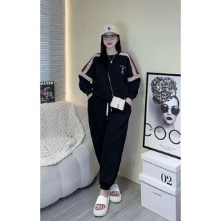 SET BỘ ĐỒ THUN NỈ NỮ CÓ IN HÌNH CHÚ GẤU STEYE PHỐI VIỀN SỌC TAY SIÊU ĐẸP