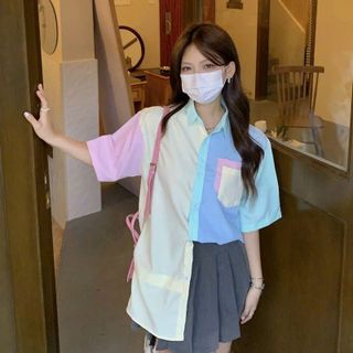 Áo Sơ Mi Tay Lỡ Cổ Bẻ Phối Nhiều Màu - Túi - Học Sinh Đi Học - Form Rộng Unisex Chất Kate Lụa Kiểu hàn Quốc Đẹp