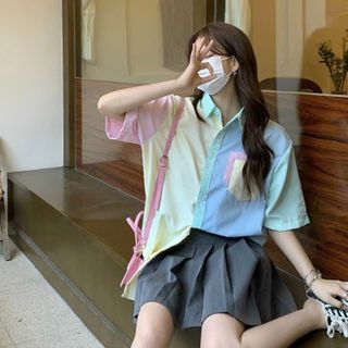 Áo Sơ Mi Tay Lỡ Cổ Bẻ Phối Nhiều Màu - Túi - Học Sinh Đi Học - Form Rộng Unisex Chất Kate Lụa Kiểu hàn Quốc Đẹp