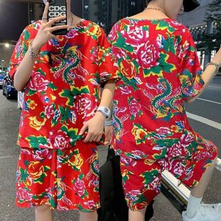 Bộ Đồ Thun Thể Thao Nam Nữ Hoa Con Công Đỏ Kiểu Dài, Ngắn Đi Chúc Tết Mặc Nhóm Thời Trang