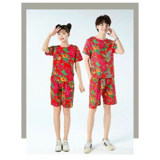 Bộ Đồ Thun Thể Thao Nam Nữ Hoa Con Công Đỏ Kiểu Dài, Ngắn Đi Chúc Tết Mặc Nhóm Thời Trang