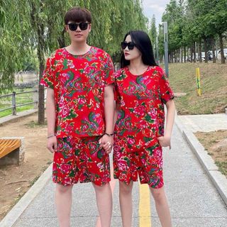 Bộ Đồ Thun Thể Thao Nam Nữ Hoa Con Công Đỏ Kiểu Dài, Ngắn Đi Chúc Tết Mặc Nhóm Thời Trang