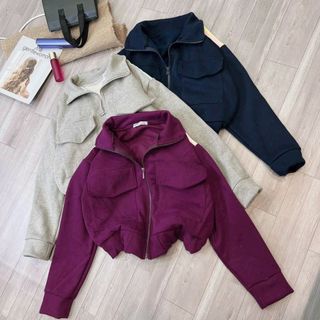 [Hot] Áo Khoác Nỉ Ngoại Nữ Lửng Cute, Có Túi Trước Ulzzang Unisex Kẻ Sọc Áo Khoác Croptop Chất Nỉ Tay Phồng Siêu Đẹp