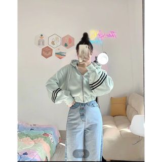 Áo Khoác Nỉ Nữ, Tay Áo Phối 3 Sọc, Có Nón Rộng, From Nữ Dưới 65KG