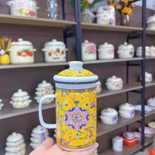 LY GIỮ NHIỆT TRÁNG MEN HOA VĂN CỔ ĐIỂN - CÓ BỘ LỌC TRÀ