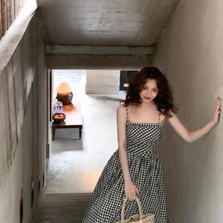 ĐẦM MAXI CARO 2 DÂY NHÚN EO -HUYỀN XMĐT