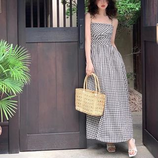 ĐẦM MAXI CARO 2 DÂY NHÚN EO -HUYỀN XMĐT