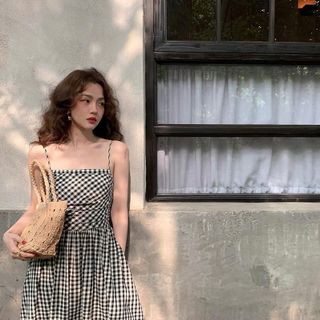 ĐẦM MAXI CARO 2 DÂY NHÚN EO -HUYỀN XMĐT