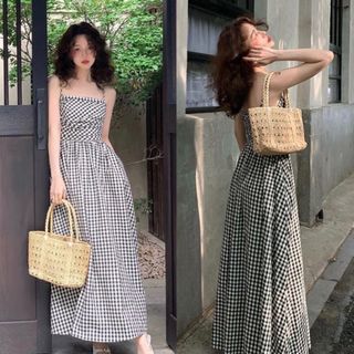 ĐẦM MAXI CARO 2 DÂY NHÚN EO -HUYỀN XMĐT