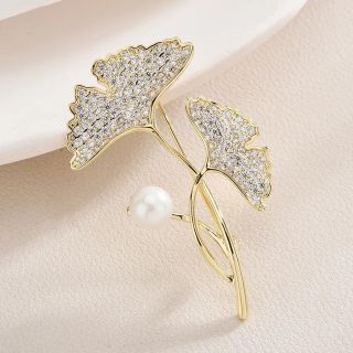 Ghim Cài Áo Hình Lá Ginkgo Vàng Đính Ngọc Trai Cao Cấp Dành Cho Nam Nữ