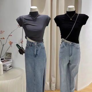 Áo cổ cao tay ngắn nhún eo vạt bầu
