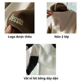 Áo hoodie phối màu logo thêu Dessuu như hình, chất nỉ dày dặn nón lót 2 lớp vải chính có nút bấm. Giá sỉ - giá bán buôn