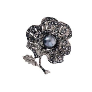 Ghim Cài Áo Hình Hoa Đen Đính Ngọc Trai Giả Phong Cách Vintage Dành Cho Nữ