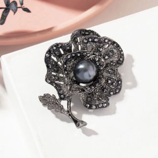 Ghim Cài Áo Hình Hoa Đen Đính Ngọc Trai Giả Phong Cách Vintage Dành Cho Nữ