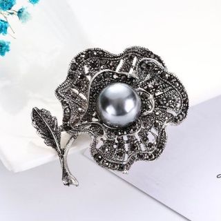 Ghim Cài Áo Hình Hoa Đen Đính Ngọc Trai Giả Phong Cách Vintage Dành Cho Nữ