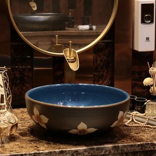 Chậu lavabo nghệ thuật kiểu tròn hoa văn trăm hoa đua nở lòng chậu màu xanh ngọc bích mã NT001