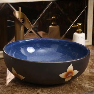 Chậu lavabo nghệ thuật kiểu tròn hoa văn trăm hoa đua nở lòng chậu màu xanh ngọc bích mã NT001