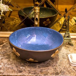 Chậu lavabo nghệ thuật kiểu tròn hoa văn trăm hoa đua nở lòng chậu màu xanh ngọc bích mã NT001