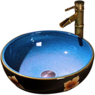 Chậu lavabo nghệ thuật kiểu tròn hoa văn trăm hoa đua nở lòng chậu màu xanh ngọc bích mã NT001