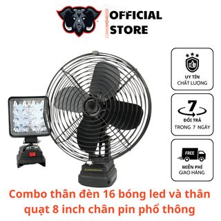 Combo thân đèn 16 bóng led và thân quạt 8 inch chân pin phổ thông