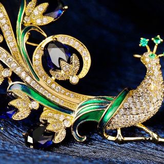 Ghim Cài Áo Hình Con Công Đính Đá Zircon Màu Xanh Cao Cấp Sang Trọng Phong Cách Trung Hoa