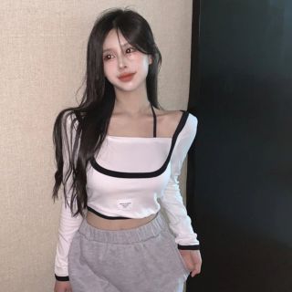 ÁO CROPTOP THUN GÂN TAY DÀI PHỐI CỔ VIỀN