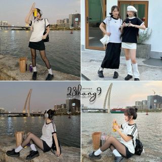 Áo thun gân cotton co giản hình in chữ B, phối viền tay và cổ áo. Giá sỉ - giá bán buôn
