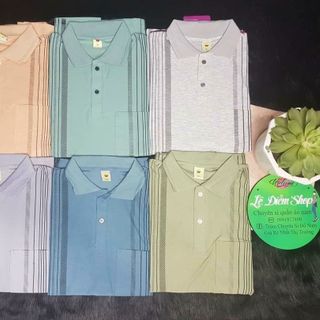 Áo Thun Nam Họa Tiết Kẻ Sọc Cổ Trụ Trung Niên Có Túi Chất Cotton From Rộng Tay Lỡ Size Từ 50 - 80kg