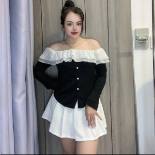 ÁO TRỄ VAI PHỐI VOAN TƠ NÚT CÀI KIỂU