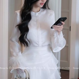 Set áo lụa, tay lông chân váy tơ nhún A559_139k