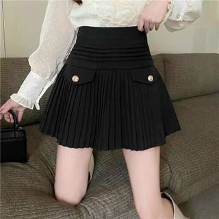 0025 - CHÂN VÁY XẾP LY LƯNG CAO NGẮN XOÈ KÈM NẮP TÚI VÀ KHUY PHONG CÁCH HÀN QUỐC M70 - EVA SHOES
