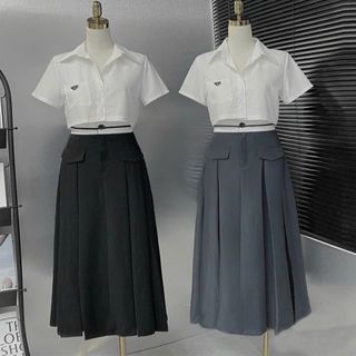 0038 -CHÂN VÁY XẾP LY DÁNG DÀI , LƯNG CAO , KHOÁ TRƯỚC CẠP PHỐI TÚI NẮP 2 BÊN CHẤT RUBY HÀN QUỐC LOẠI 1 M80