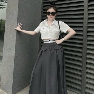 0038 -CHÂN VÁY XẾP LY DÁNG DÀI , LƯNG CAO , KHOÁ TRƯỚC CẠP PHỐI TÚI NẮP 2 BÊN CHẤT RUBY HÀN QUỐC LOẠI 1 M80