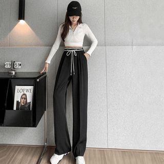 02 - QUẦN ỐNG RỘNG NỮ LƯNG CAO DÁNG SUÔNG KHOÁ TRƯỚC PHỐI DÂY RÚT CẠP ĐEN TRẮNG M66