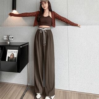 02 - QUẦN ỐNG RỘNG NỮ LƯNG CAO DÁNG SUÔNG KHOÁ TRƯỚC PHỐI DÂY RÚT CẠP ĐEN TRẮNG M66