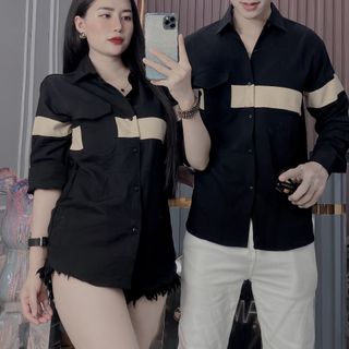 ÁO SƠ MI NAM, ÁO SƠ MI NỮ, SƠ MI DÀI TAY TRẮNG ĐEN PHỐI