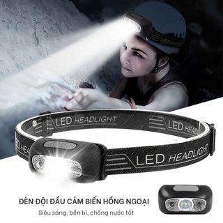 Đèn Pin Đội Đầu Siêu Sáng, bóng led cảm ứng bật tắt, sạc USB, mini nhỏ gọn, phù hợp cắm trại, câu cá, đạp xe, leo núi