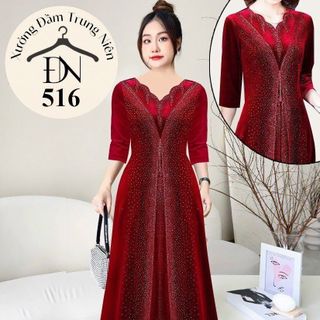 Đầm midi trung niên dự tiệc sang trọng vải nhung cao cấp đính đá, tặng mẹ co giãn tốt bigsize 80kg M516