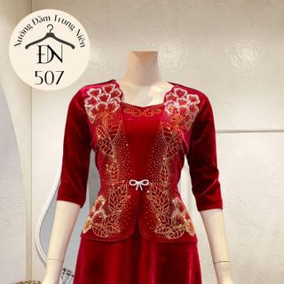 Đầm trung niên dự tiệc sang trọng vải nhung cao cấp đính đá, tặng mẹ co giãn tốt bigsize 75kg M507