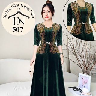 Đầm trung niên dự tiệc sang trọng vải nhung cao cấp đính đá, tặng mẹ co giãn tốt bigsize 75kg M507