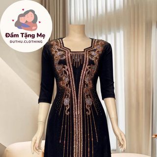 Đầm midi trung niên dự tiệc sang trọng vải nhũ ánh kim cao cấp tặng mẹ co giãn tốt bigsize 80kg M528