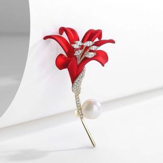 Ghim Trâm Cài Áo Hình Hoa Lily màu đỏ đô Đính Ngọc trai nhân tạo Thời Trang 6cm dành cho nam nữ giá sỉ