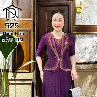 Đầm liền giả vest dạ hội trung niên chất nhũ kim sa co giãn cực tốt cho mẹ dự tiệc sang trọng bigsize 75KG M525