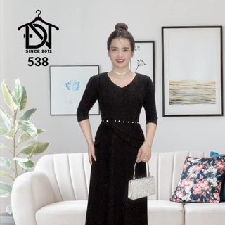 Đầm maxi trung niên dự tiệc sang trọng vải kim tuyến nhũ kim sa tặng mẹ co giãn tốt bigsize 80kg M538