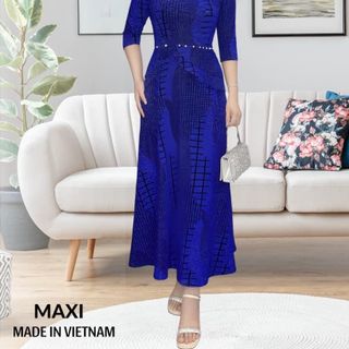 Đầm maxi trung niên dự tiệc sang trọng vải kim tuyến nhũ kim sa tặng mẹ co giãn tốt bigsize 80kg M538