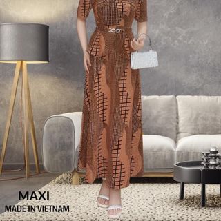 Đầm maxi trung niên dự tiệc sang trọng vải kim tuyến nhũ kim sa đính đá tặng mẹ co giãn tốt bigsize 80kg M513