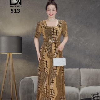 Đầm maxi trung niên dự tiệc sang trọng vải kim tuyến nhũ kim sa đính đá tặng mẹ co giãn tốt bigsize 80kg M513