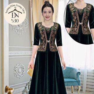 Đầm trung niên dự tiệc sang trọng vải nhung cao cấp đính đá, tặng mẹ co giãn tốt bigsize 75kg M530