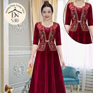 Đầm trung niên dự tiệc sang trọng vải nhung cao cấp đính đá, tặng mẹ co giãn tốt bigsize 75kg M530
