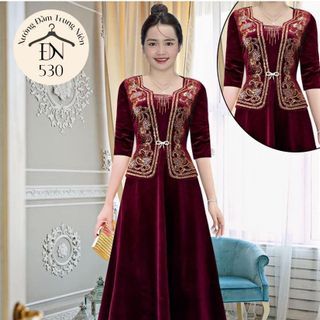 Đầm trung niên dự tiệc sang trọng vải nhung cao cấp đính đá, tặng mẹ co giãn tốt bigsize 75kg M530